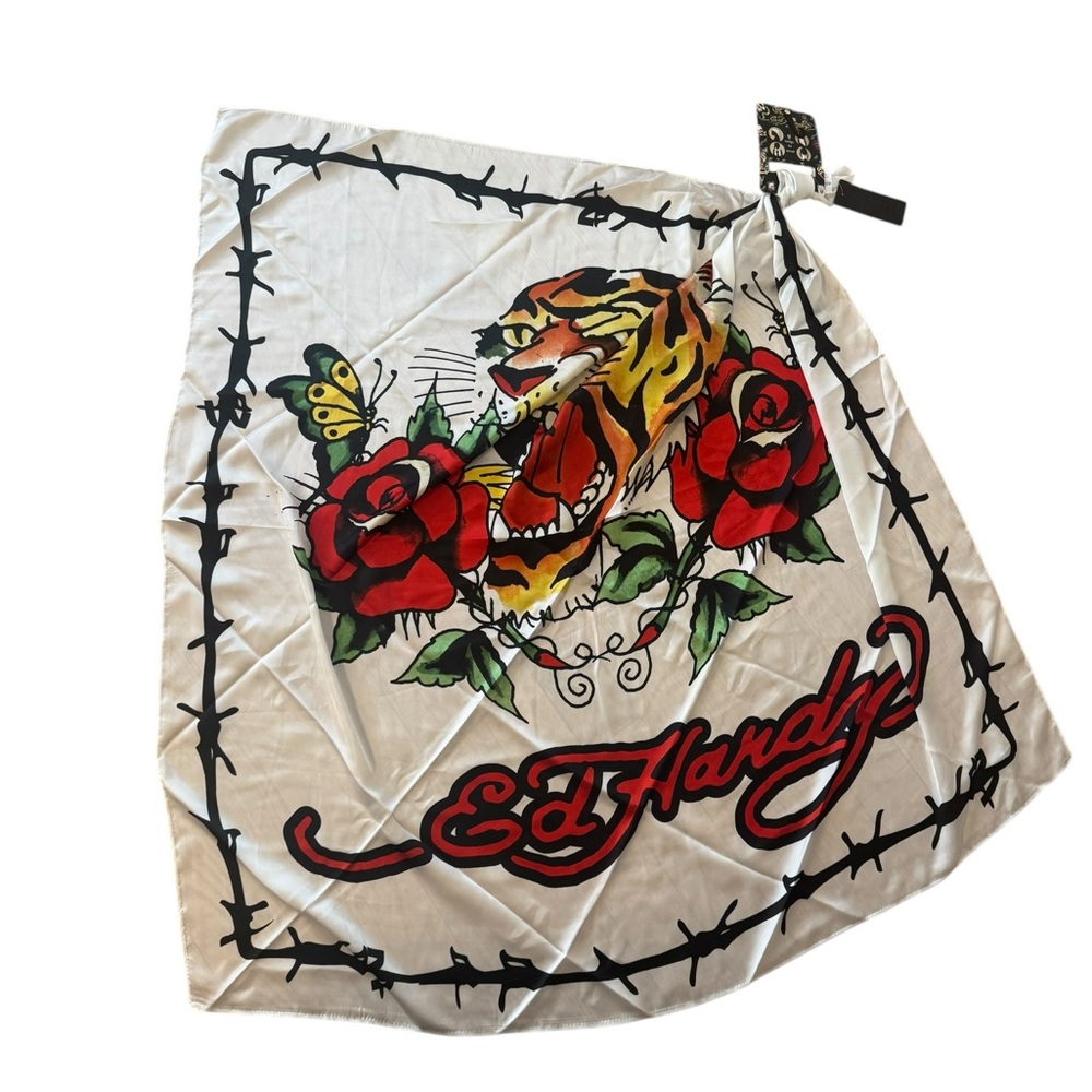 Ed Hardy Silk Scarf with Tiger and Rose Motif